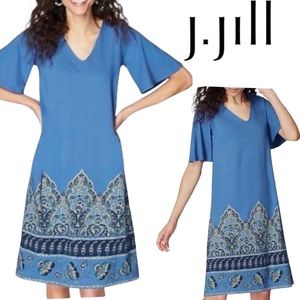 NWT✨ J. Jill Wearever Collection Blue Paisley A-Line Dress Flutter Sleeves Sz LP